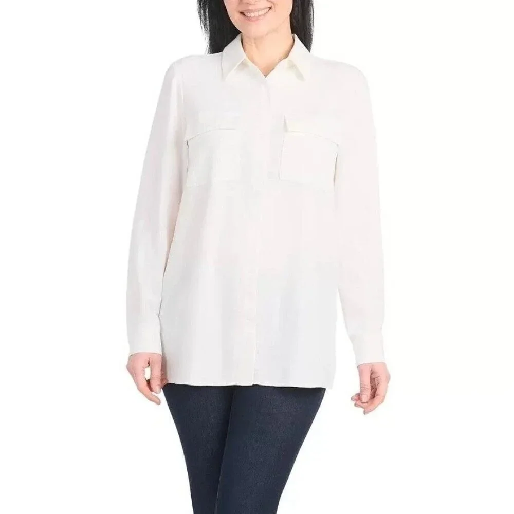 Hilary Radley Women's L Ivory Long Sleeve Button-Down Shirt 100% Polyester M0415 - Picture 2 of 13